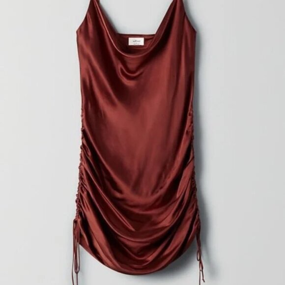 Aritzia Wilfred Only Ruched Slip Satin Dress Burgundy Maroon Red Size XS - Picture 1 of 6